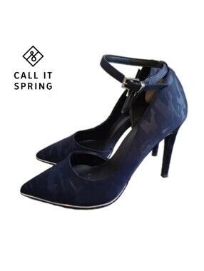 🟣 6.5 Call It Spring Pointed Toe Pumps with Ankle Strap - Blue Camo